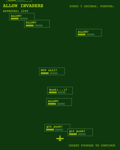 ALLOW INVADERS — permission dialogs falling toward a small plane.